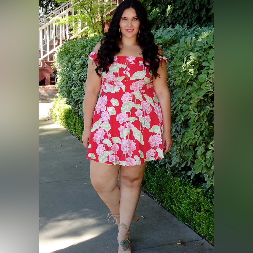 Floral off the shoulder Red and Green Mini Dress